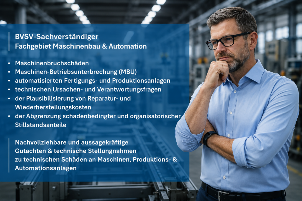 Sachverständiger
Gutachter
Maschinenbuch
MBU Betriebsunterbrechung
Gutachten
Produkthaftpflicht